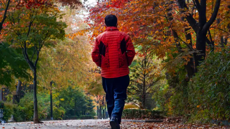 Man in a red jacket walking briskly along a park path lined with autumn trees