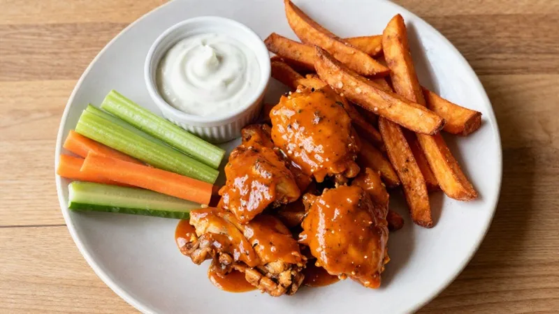 Spicy Buffalo Chicken Delight with Crispy Sweet Potato Fries and Fresh Veg Sticks