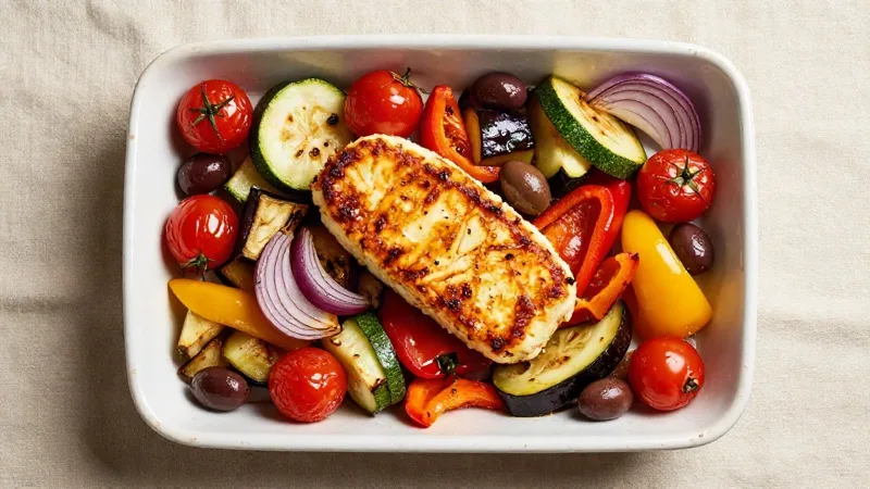 Crispy Halloumi with Roasted Mediterranean Veggie Traybake