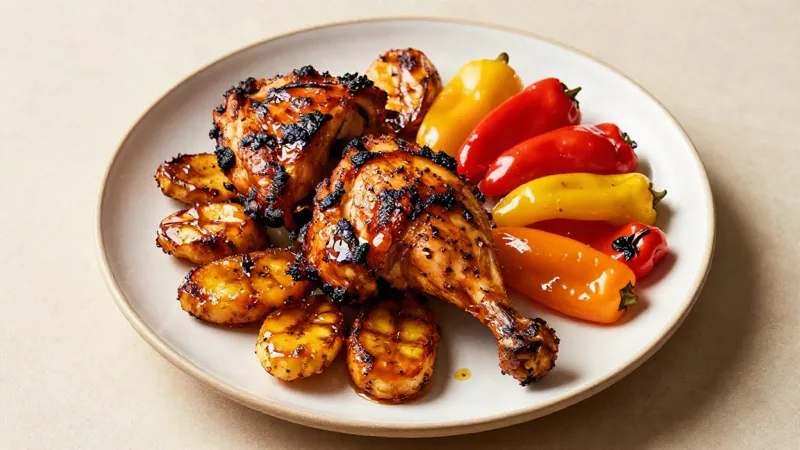 Island Spice Jerk Chicken with Honey-Glazed Plantains and Roasted Peppers