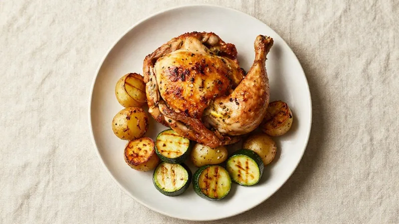 Lemon-Herb Air-Fryer Chicken with Roasted Baby Potatoes and Courgette