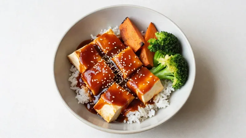 Korean Sticky Gochujang Tofu Bowl with Roasted Sweet Potato and Broccoli