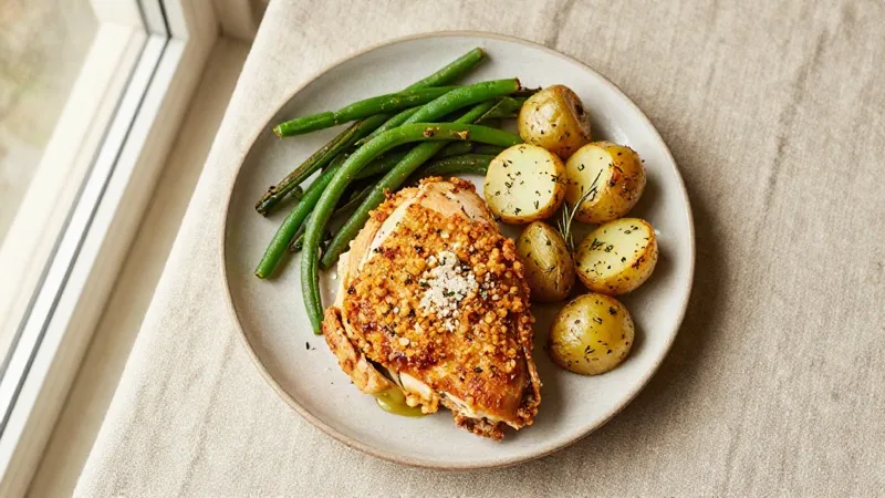 Crispy Garlic-Parmesan Chicken with Sautéed Green Beans and Herb-Infused Baby Potatoes