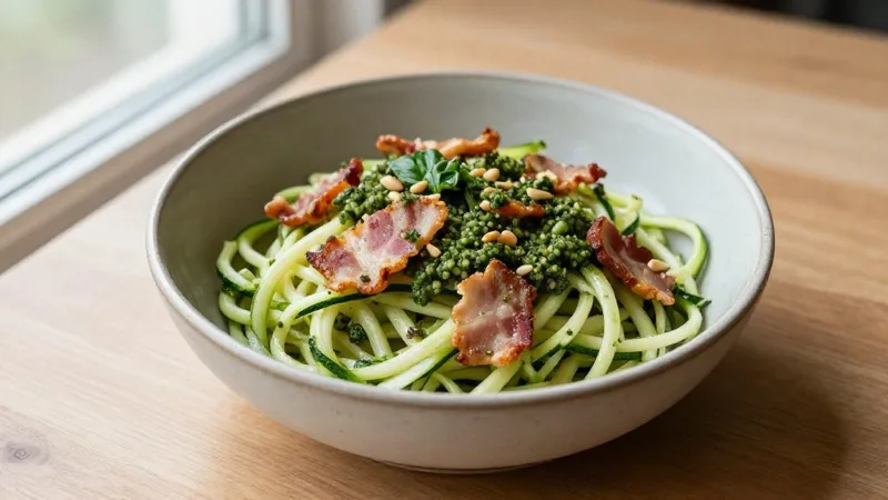 Zucchini Noodles with Bacon & Pesto