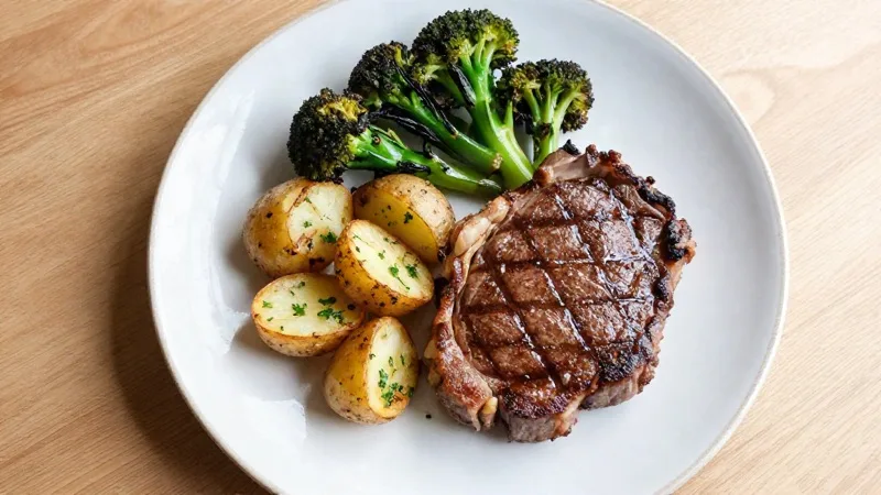 Air-Fryer Steak Delight with Crispy Garlic Potatoes and Charred Broccoli