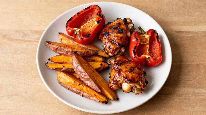 Spicy Peri-Peri Chicken Thighs with Sweet Potato Wedges and Bell Peppers