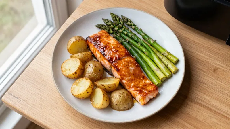 Honey-Garlic Glazed Salmon with Crispy Baby Potatoes and Tender Asparagus