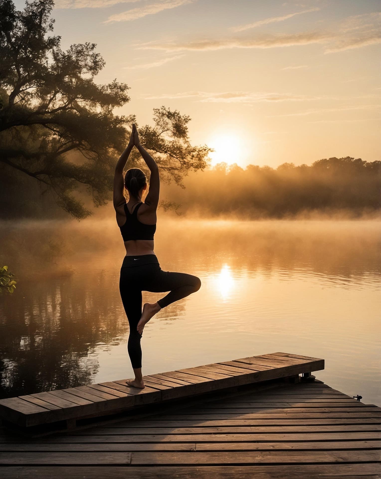 Yoga by the lake at sunrise
