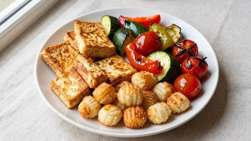 Crispy Tofu Delight with Roasted Veg and Gnocchi