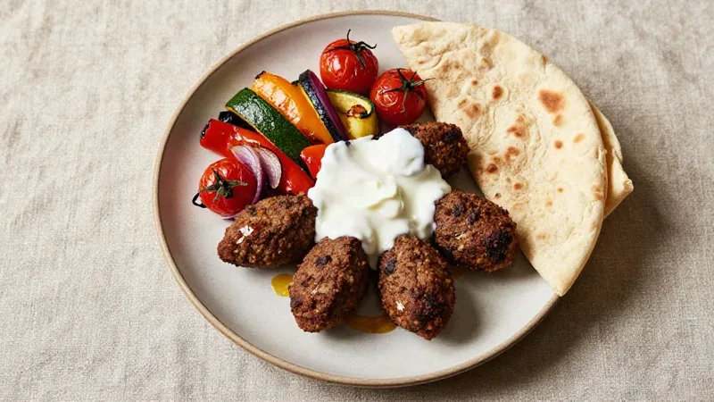 Spiced Lamb Kofta Feast with Roasted Veg and Soft Flatbread