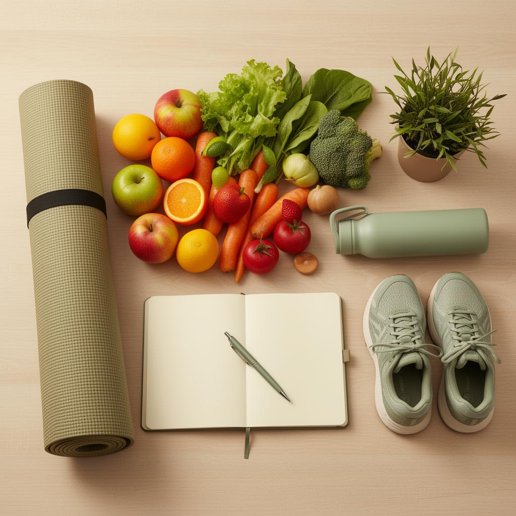 Wellness journey essentials including yoga mat, fresh produce, journal, and running shoes