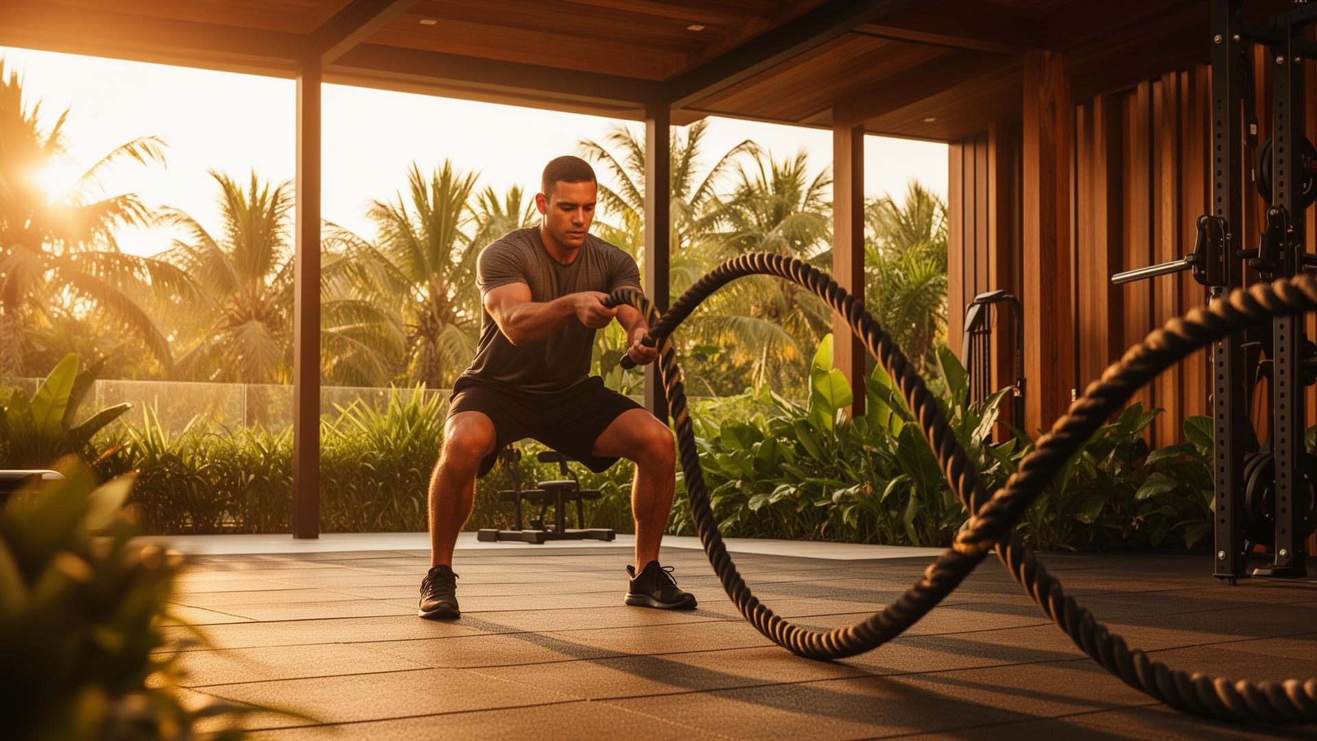 Training hero - battle ropes in tropical gym